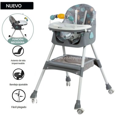 SILLA DE COMER EBABY ASIENTO RECLINABLE DALI GRIS CON RUEDAS