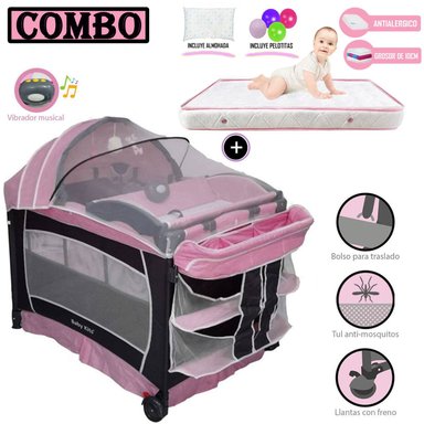 CUNA CORRAL BABY KITS VERONA ROSADO + COLCHÓN 4 ' ROSADO