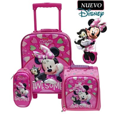 SET DE MOCHILA CON RUEDAS EXTRA OFICIO LONCHERA Y CARTUCHERA MINNIE MOUSE