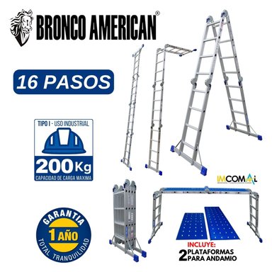 ESCALERA MULTIPOSICIÓN DE ALUMINIO DE 16 PASOS 4X4  CAPACIDAD DE CARGA 200 KG- BRONCO AMERICAN LADDER