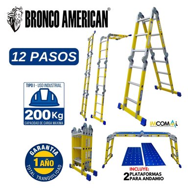 ESCALERA MULTIPOSICIÓN DE FIBRA DE VIDRIO DE 12 PASOS 4X3 CAPACIDAD DE CARGA 200 KG - BRONCO AMERICAN LADDER