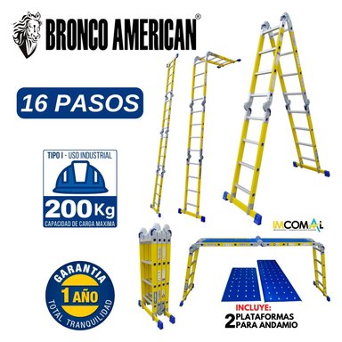 ESCALERA MULTIPOSICIÓN DE FIBRA DE VIDRIO DE 16 PASOS 4X4 CAPACIDAD DE CARGA 200 KG - BRONCO AMERICAN LADDER