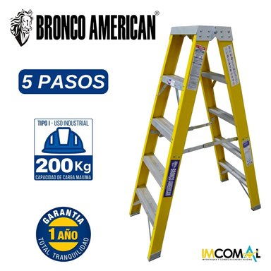 ESCALERA TIJERA FIBRA DE VIDRIO PROFESIONAL DOBLE ASCENSO 5 PASOS CAPACIDAD DE CARGA 200 KG - BRONCO AMERICAN LADDER