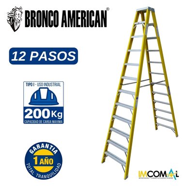 ESCALERA TIJERA FIBRA DE VIDRIO PROFESIONAL DOBLE ASCENSO 12 PASOS CAPACIDAD DE CARGA 200 KG - BRONCO AMERICAN LADDER