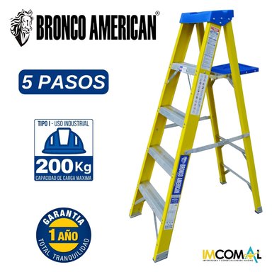 ESCALERA TIJERA FIBRA DE VIDRIO PROFESIONAL SIMPLE ASCENSO 5 PASOS CAPACIDAD DE CARGA 200 KG- BRONCO AMERICAN LADDER