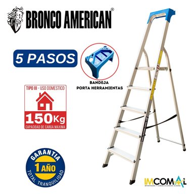 ESCALERA DOMESTICA TIPO BANQUETA DE ALUMINIO DE 5 PASOS CAPACIDAD DE CARGA 150 KG - BRONCO AMERICAN