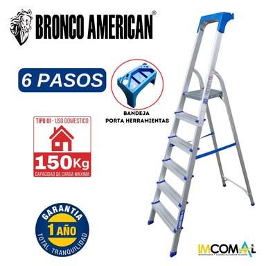 ESCALERA DOMESTICA TIPO BANQUETA DE ALUMINIO DE 6 PASOS CAPACIDAD DE CARGA 150 KG - BRONCO AMERICAN