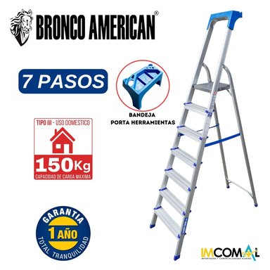 ESCALERA DOMESTICA TIPO BANQUETA DE ALUMINIO DE 7 PASOS CAPACIDAD DE CARGA 150 KG - BRONCO AMERICAN