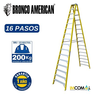 ESCALERA TIJERA FIBRA DE VIDRIO PROFESIONAL DOBLE ASCENSO DE 16 PASOS CAPACIDAD DE CARGA 200 KG - BRONCO AMERICAN