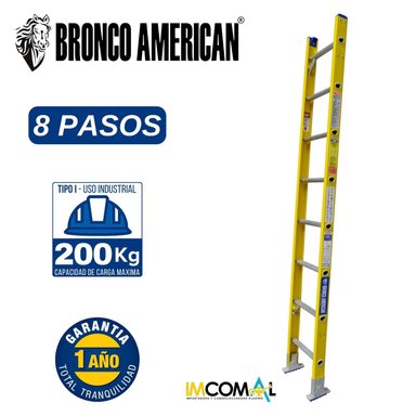 ESCALERA FIBRA DE VIDRIO PROFESIONAL TIPO ARRIMO DE 8 PASOS CAPACIDAD DE CARGA 200 KG - BRONCO AMERICAN