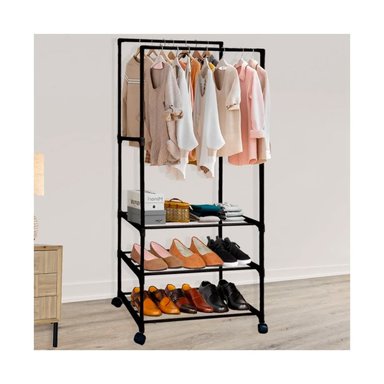 PERCHERO GRETAIL ORGANIZADOR ROPA ACERO INOXIDABLE NEGRO COLGADOR ZAPATERO ESTANTE DOBLE 3 NIVELES RUEDAS