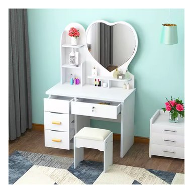 TOCADOR DE MAQUILLAJE CON ESPEJO CON TABURETE PARA DORMITORIO BLANCO - 2