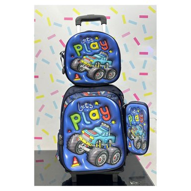 SET MOCHILA LONCHERA CARTUCHERA LUCES RUEDAS EVA 3D CAR
