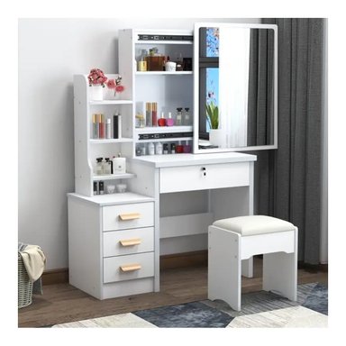 TOCADOR DE MAQUILLAJE CON ESPEJO CON TABURETE PARA DORMITORIO BLANCO - 1