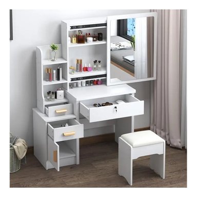 TOCADOR DE MAQUILLAJE CON ESPEJO CON TABURETE PARA DORMITORIO BLANCO - 3
