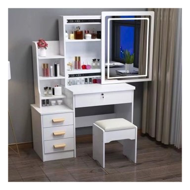 TOCADOR DE MAQUILLAJE ESPEJO CON LUZ LED TABURETE PARA DORMITORIO BLANCO - 1