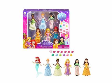 JUEGO DIDÁCTICO MATTEL PRINCESS TOYS, 6 MUÑECAS PEQUEÑAS CON ROPA BRILLANTE Y 13 ACCESORIOS