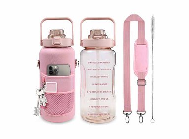 BOTELLA 64OZ AGUA MEDIO GALÓN CON FUNDA AGUA MOTIVACIONAL CON PAJITA Y MARCADOR TIEMPO SIN BPA ROSA
