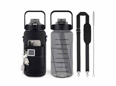 BOTELLA 64OZ AGUA MOTIVACIONAL CON PAJITA Y MARCADOR TIEMPO SIN BPA NEGRO