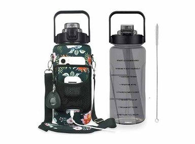 BOTELLA 64OZ AGUA MOTIVACIONAL CON PAJITA Y MARCADOR TIEMPO SIN BPA ROSA NEGRO