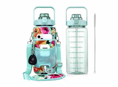 BOTELLA 64OZ DE AGUA MOTIVACIONAL + PAJITA Y MARCADOR TIEMPO SIN BPA ROSA VERDE