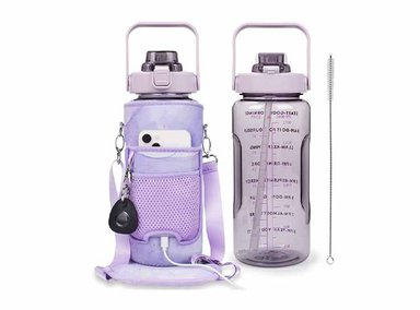 BOTELLA 64OZ AGUA MOTIVACIONAL CON PAJITA Y MARCADOR TIEMPO SIN BPA MORADO