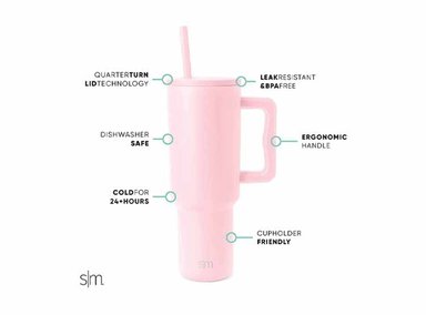 SIMPLE MODERN VASO DE 40 ONZAS CON ASA Y TAPA CON PAJILLA, BOTELLA DE AGUA REUTILIZABLE DE ACERO INOXIDABLE. ROSA - 2