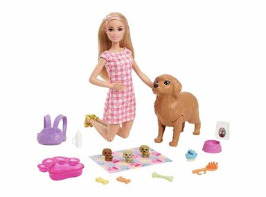 BARBIE MUÑECA Y CACHORROS RECIÉN NACIDOS