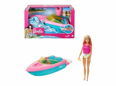 MUÑECA MATTEL BARBIE Y BARCO CON CACHORRO DE MASCOTAS