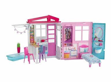 BARBIE CASA DE MUÑECAS, JUEGO PORTÁTIL DE 1 PISO CON PISCINA Y ACCESORIOS
