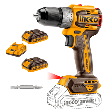 SET DE HERRAMIENTAS INGCO TALADRO ATORNILLADOR CHUCK METALICO 1/2' 60NM BRUSHLESS 20 WATTS + 2 BATERÍAS 2AH