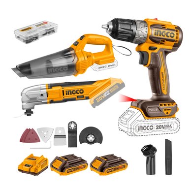 KIT INGCO TALADRO ATORNILLADOR 20V 52NM + HERRAMIENTA MULTIFUNCIÓN + ASPIRADOR INGCO