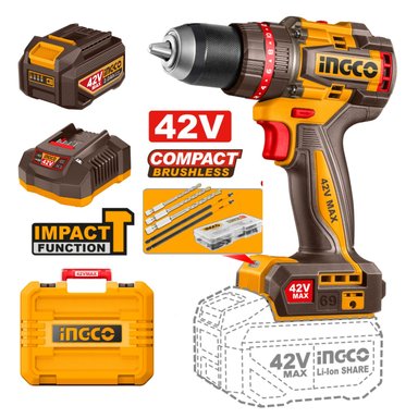 TALADRO PERCUTOR 42V 69NM + BATERÍA Y CARGADOR INGCO