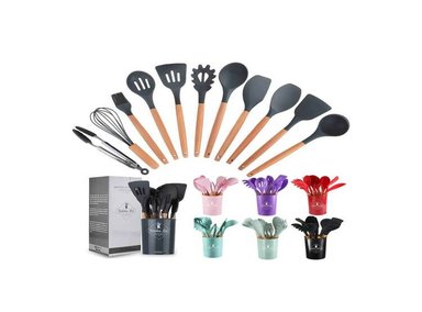 SET UTENSILIOS MULTICOLOR CUCHARONES SILICONA MADERA COCINA