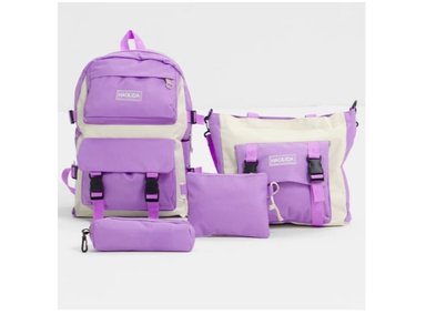 PACK MORADO MOCHILA BOLSO MONEDERO CARTUCHERA 4 EN 1 KAWAII