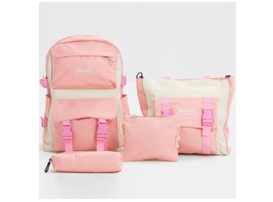 PACK ROSADO MOCHILA BOLSO MONEDERO CARTUCHERA 4 EN 1 KAWAII
