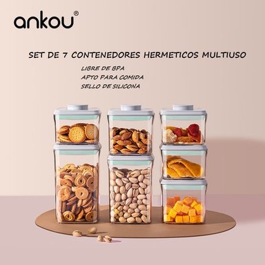 SET DE 7 CONTENEDORES MULTIUSOS SELLO HERMETICO BOTON PUSH LIBRE BPA