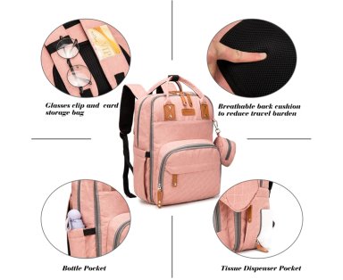 MOCHILA BOLSO PAÑALERA MULTIUSOS LAPTOP PUERTO USB ROSADO - 2