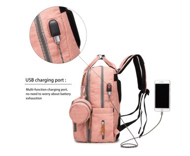 MOCHILA BOLSO PAÑALERA MULTIUSOS LAPTOP PUERTO USB ROSADO - 5