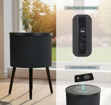 MESA CON PARLANTES BLUETOOTH CARGADOR INALAMBRICO USB PARA CELULARES LUCES LED ENTRADA AUX REDONDA - 3