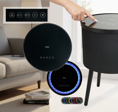 MESA CON PARLANTES BLUETOOTH CARGADOR INALAMBRICO USB PARA CELULARES LUCES LED ENTRADA AUX REDONDA - 4