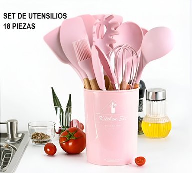 SET ACCESORIOS COCINA ROSADO CUCHARONES SILICONA 18 PIEZAS-