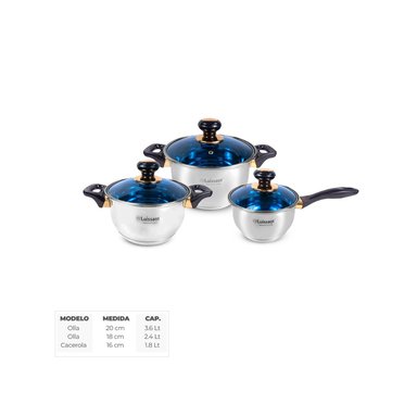 JUEGO DE OLLAS LU-1202A-INA AZUL ACERO INOXIDABLE LUISSANT 6 PCS