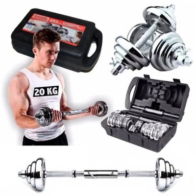 SET PESAS ACERO INOXIDABLE 20KG MANCUERNAS BARRA ADAPTADORA