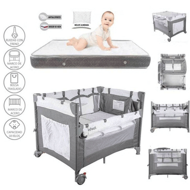CUNA CORRAL ALWAYS TOGETHER GRIS + COLCHON INFANTI