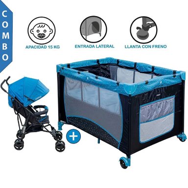 CUNA CORRAL PACK AND PLAY STELLA AZUL + COCHE BASTÓN