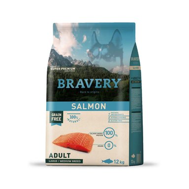 COMIDA SECA PERROS ADULTOS BRAVERY RAZA GRANDE SABOR SALMÓN SACO 12KG