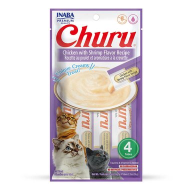 CHURU SNACK HÚMEDO DE POLLO CON CAMARONES PARA GATOS X4 UND