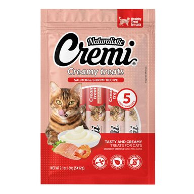 SNACK PARA GATOS NATURALISTIC CREMI SALMÓN Y CAMARONES 60GR