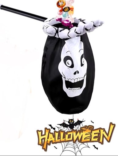 MANO RECOLECTORA CALAVERA NEGRO PARA DULCES DE HALLOWEEN + VELA LED